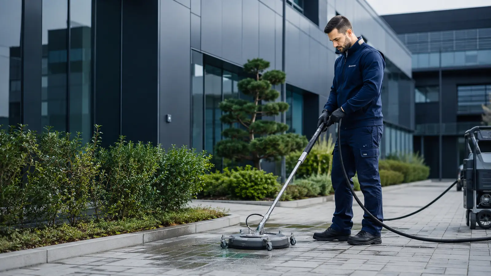 Professioneller Außenanlagenservice an einem Gewerbeobjekt